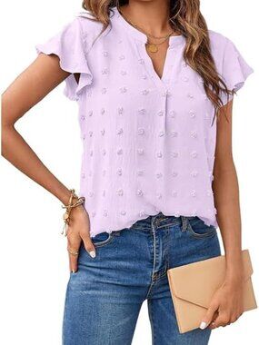 Women's Purple Summer V Neck Ruffle Dot Flowy Shirt Short Sleeve casual Blouses